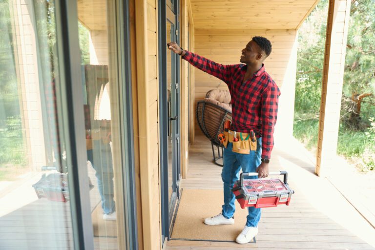 Cute guy with work tools is knocking on the door, he is in comfortable work clothes