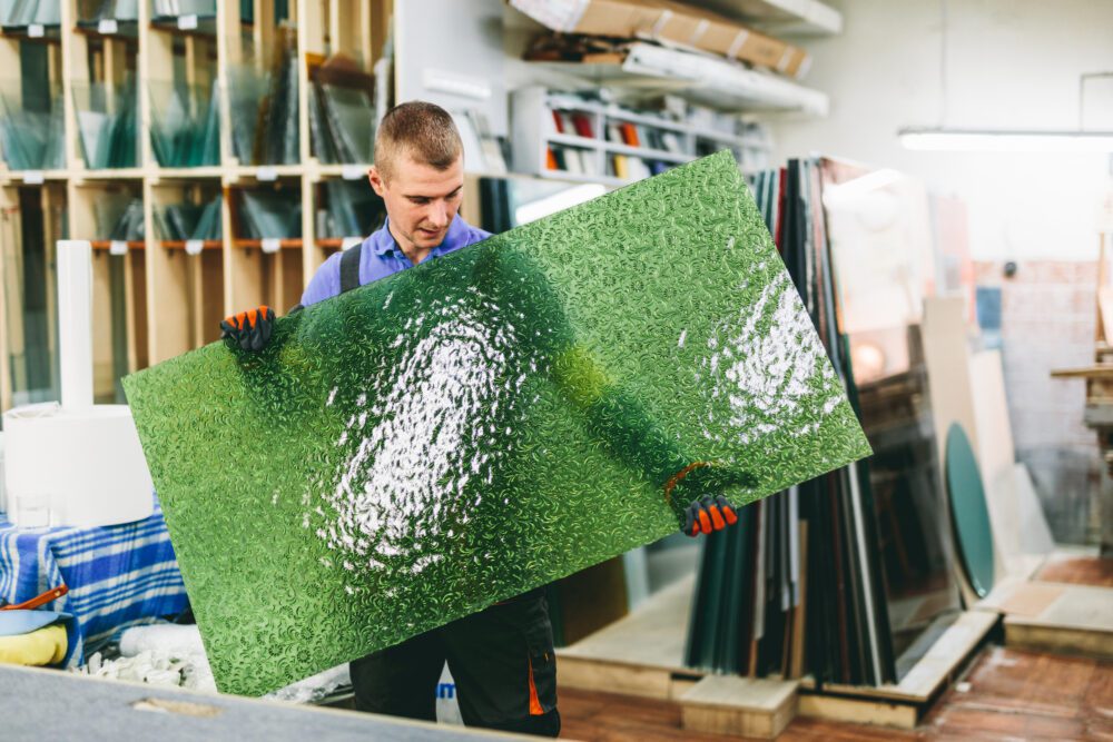 Glazier worker holding a green glass pane in workshop. Industry and manufactory production